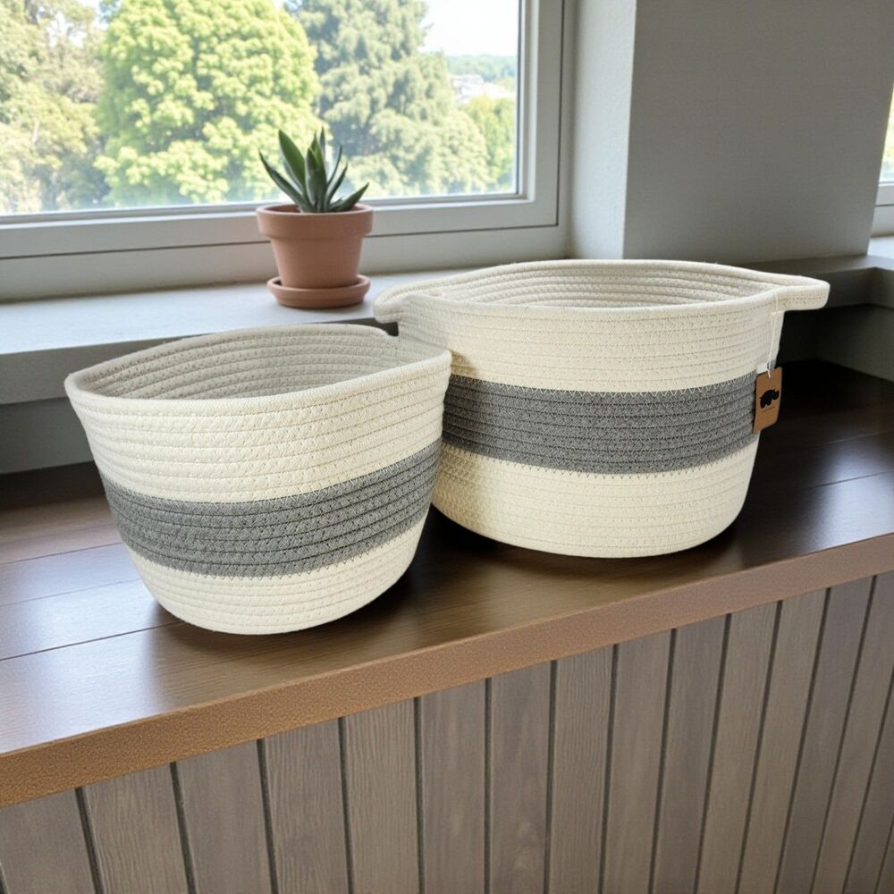 Little Hippo Set 2 Fabric Storage Baskets Grey White Neutral Home Organization